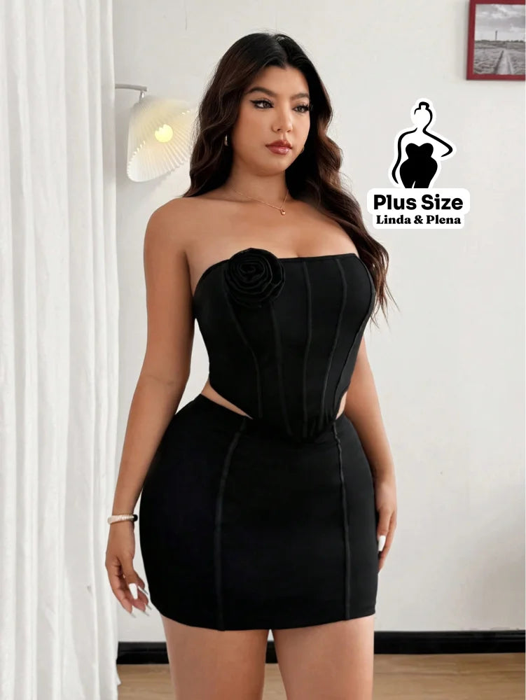 Conjunto Tomara Que Caia Com Flor E Saia Curta Justa Plus Size Conjunto Tomara Que Caia Com Flor E Saia Curta Justa