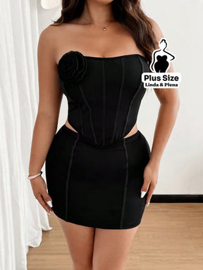 Conjunto Tomara Que Caia Com Flor E Saia Curta Justa Plus Size G Conjunto Tomara Que Caia Com Flor E Saia Curta Justa