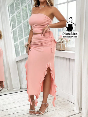 Conjunto Tomara Que Caia Com Saia Babados E Fenda Plus Size Conjunto Tomara Que Caia Com Saia Babados E Fenda Plus Size