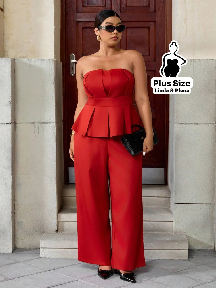 Conjunto Tomara Que Caia Estruturado Com Calça Solta Plus Size Conjunto Tomara Que Caia Estruturado Com Calça Solta