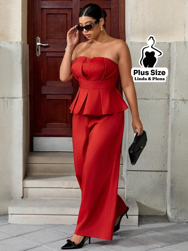 Conjunto Tomara Que Caia Estruturado Com Calça Solta Plus Size Conjunto Tomara Que Caia Estruturado Com Calça Solta