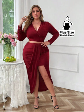 Conjunto Transpassado Com Cinto E Saia Fenda Frontal Plus Size Conjunto Transpassado Com Cinto E Saia Fenda Frontal