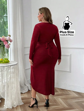 Conjunto Transpassado Com Cinto E Saia Fenda Frontal Plus Size Conjunto Transpassado Com Cinto E Saia Fenda Frontal