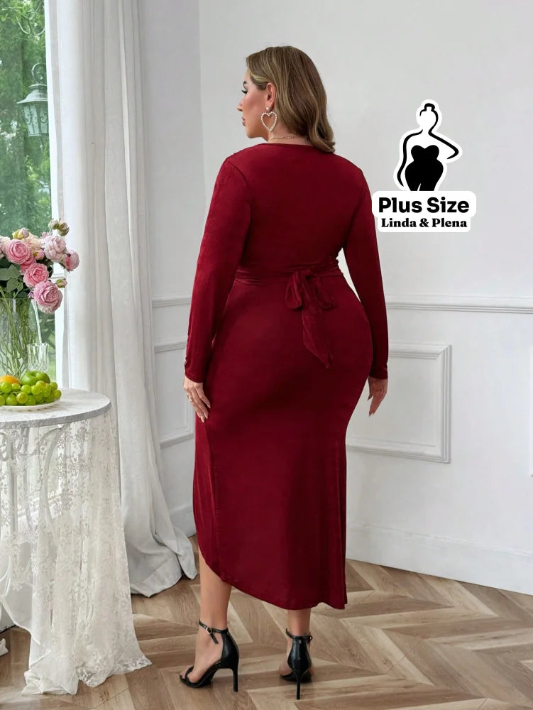 Conjunto Transpassado Com Cinto E Saia Fenda Frontal Plus Size Conjunto Transpassado Com Cinto E Saia Fenda Frontal