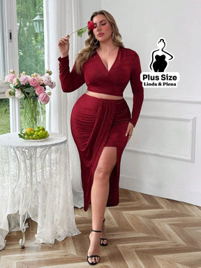 Conjunto Transpassado Com Cinto E Saia Fenda Frontal Plus Size Conjunto Transpassado Com Cinto E Saia Fenda Frontal
