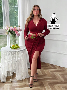 Conjunto Transpassado Com Cinto E Saia Fenda Frontal Plus Size G Conjunto Transpassado Com Cinto E Saia Fenda Frontal