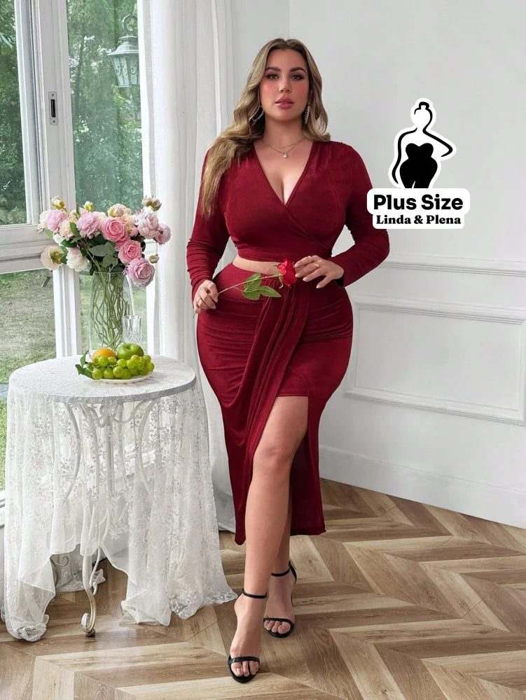 Conjunto Transpassado Com Cinto E Saia Fenda Frontal Plus Size G Conjunto Transpassado Com Cinto E Saia Fenda Frontal