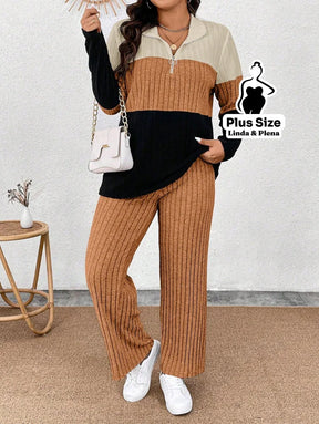 Conjunto Tricolor Canelado com Zíper e Bolsos Plus Size Conjunto Tricolor Canelado com Zíper e Bolsos Plus Size