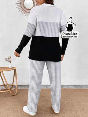 Conjunto Tricolor Canelado com Zíper e Bolsos Plus Size Conjunto Tricolor Canelado com Zíper e Bolsos Plus Size