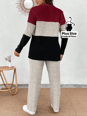 Conjunto Tricolor Canelado com Zíper e Bolsos Plus Size Conjunto Tricolor Canelado com Zíper e Bolsos Plus Size