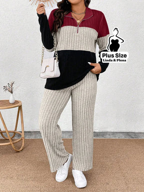 Conjunto Tricolor Canelado com Zíper e Bolsos Plus Size Conjunto Tricolor Canelado com Zíper e Bolsos Plus Size