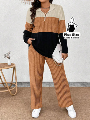 Conjunto Tricolor Canelado com Zíper e Bolsos Plus Size Conjunto Tricolor Canelado com Zíper e Bolsos Plus Size