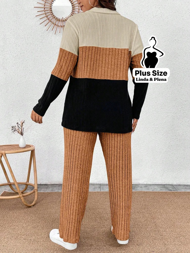 Conjunto Tricolor Canelado com Zíper e Bolsos Plus Size Conjunto Tricolor Canelado com Zíper e Bolsos Plus Size