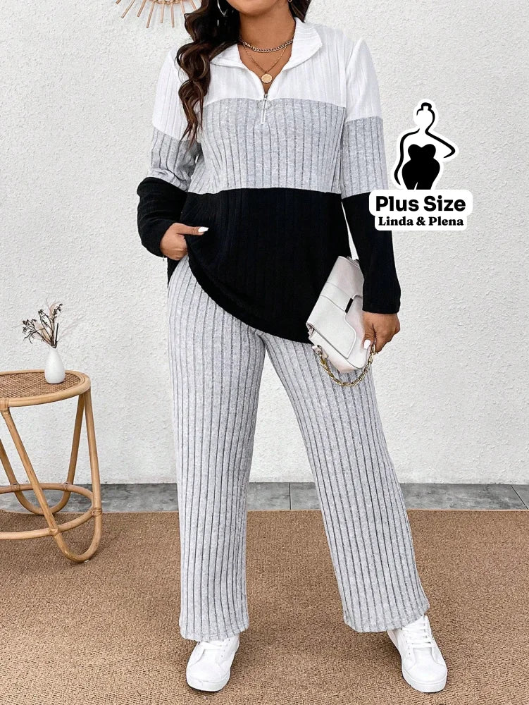 Conjunto Tricolor Canelado com Zíper e Bolsos Plus Size Cinza / G Conjunto Tricolor Canelado com Zíper e Bolsos Plus