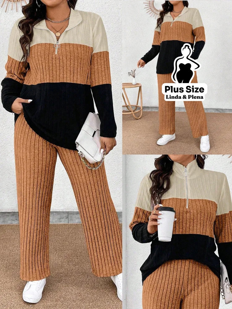 Conjunto Tricolor Canelado com Zíper e Bolsos Plus Size Marrom / G Conjunto Tricolor Canelado com Zíper e Bolsos Plus