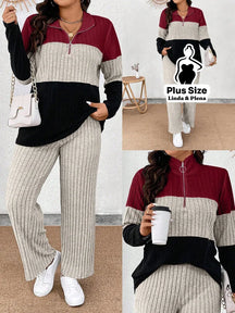 Conjunto Tricolor Canelado com Zíper e Bolsos Plus Size Vinho / G Conjunto Tricolor Canelado com Zíper e Bolsos Plus