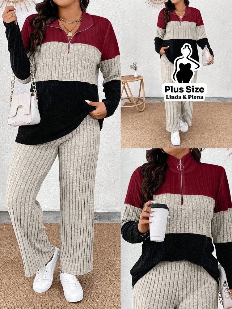 Conjunto Tricolor Canelado com Zíper e Bolsos Plus Size Vinho / G Conjunto Tricolor Canelado com Zíper e Bolsos Plus