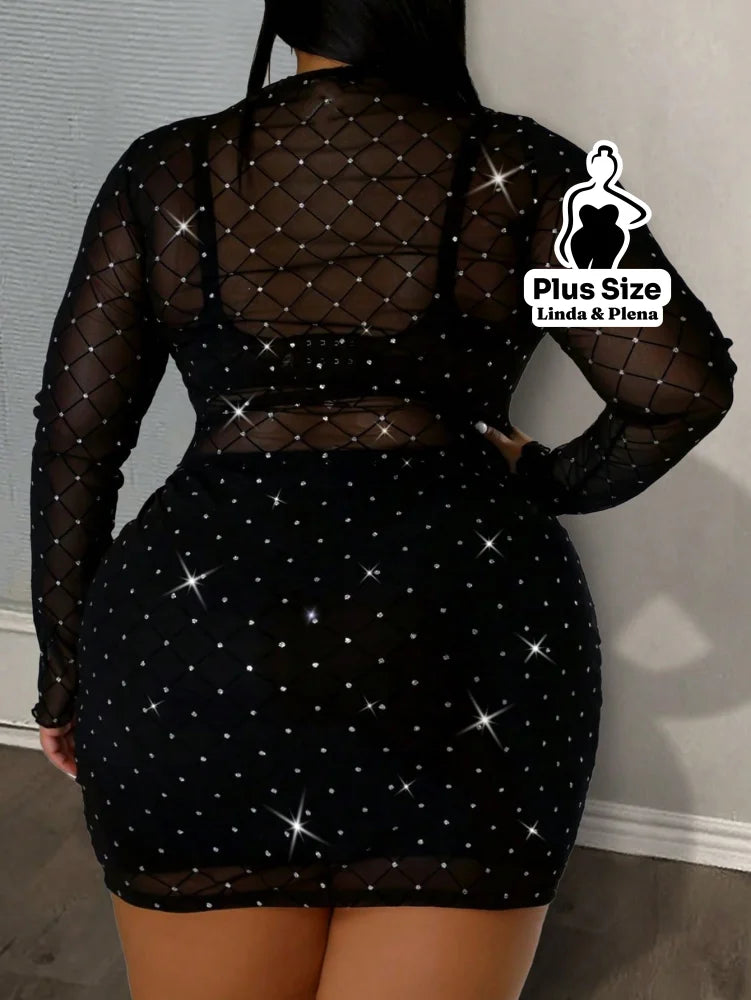 Conjunto Tule Brilhante Com Cropped Manga Longa E Saia Curta Plus Size Conjunto Tule Brilhante Com Cropped Manga Longa