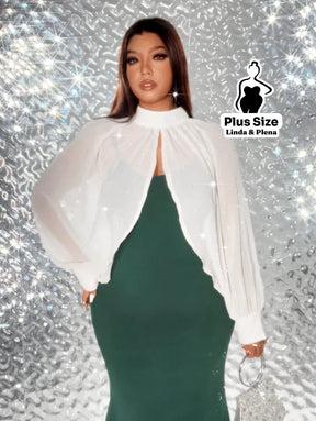 Conjunto Tule Brilhante Com Mangas Bufantes E Saia Plus Size Verde Escuro / G Conjunto Tule Brilhante Com Mangas
