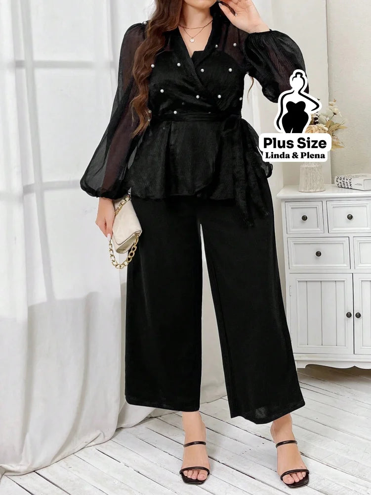 Conjunto Tule Poá Transpassado Com Calça Pantalona Plus Size Conjunto Tule Poá Transpassado Com Calça Pantalona Plus