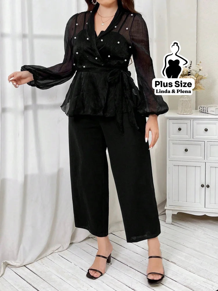 Conjunto Tule Poá Transpassado Com Calça Pantalona Plus Size Conjunto Tule Poá Transpassado Com Calça Pantalona Plus