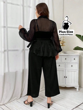 Conjunto Tule Poá Transpassado Com Calça Pantalona Plus Size Conjunto Tule Poá Transpassado Com Calça Pantalona Plus