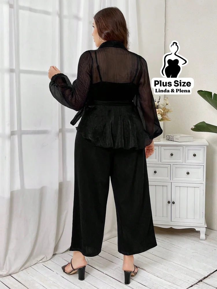 Conjunto Tule Poá Transpassado Com Calça Pantalona Plus Size Conjunto Tule Poá Transpassado Com Calça Pantalona Plus