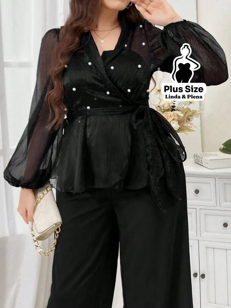 Conjunto Tule Poá Transpassado Com Calça Pantalona Plus Size Conjunto Tule Poá Transpassado Com Calça Pantalona Plus