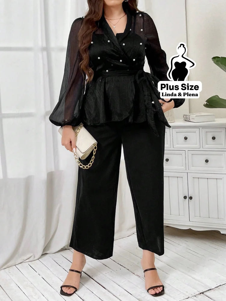 Conjunto Tule Poá Transpassado Com Calça Pantalona Plus Size Conjunto Tule Poá Transpassado Com Calça Pantalona Plus