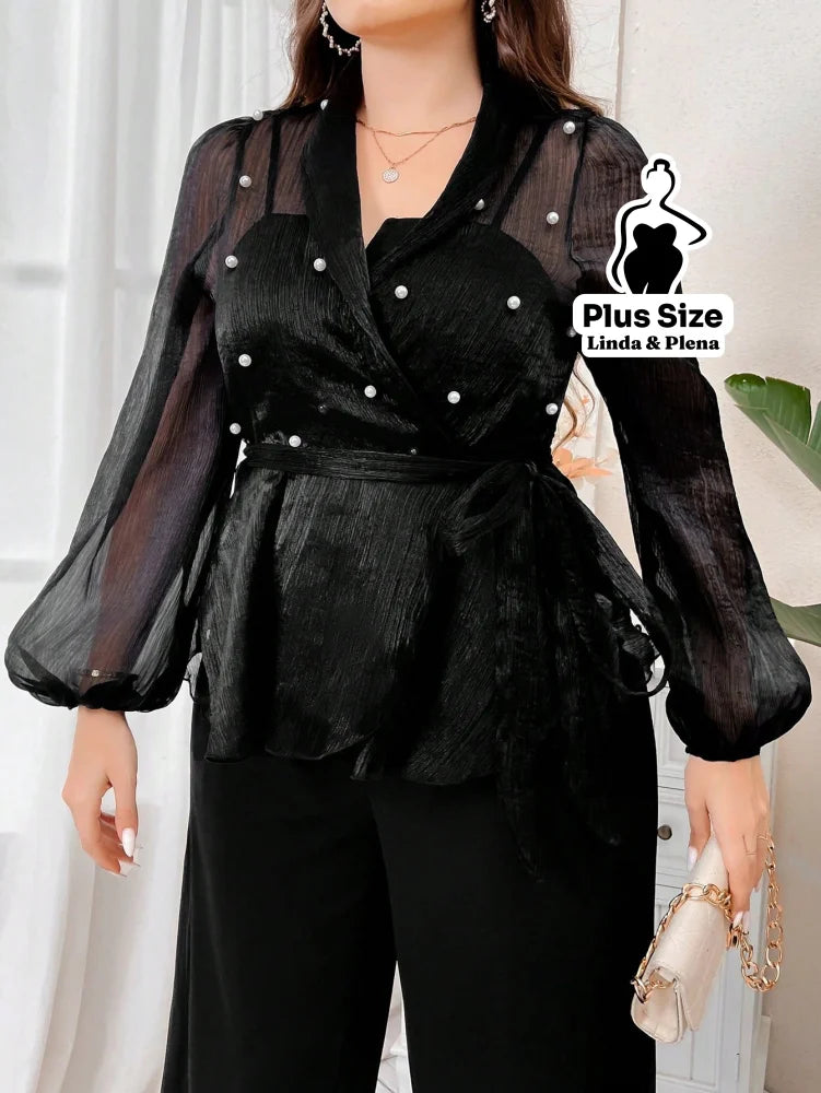 Conjunto Tule Poá Transpassado Com Calça Pantalona Plus Size Conjunto Tule Poá Transpassado Com Calça Pantalona Plus