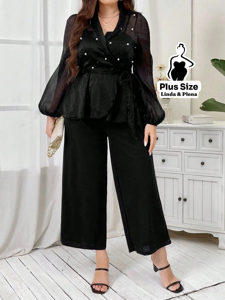 Conjunto Tule Poá Transpassado Com Calça Pantalona Plus Size Conjunto Tule Poá Transpassado Com Calça Pantalona Plus