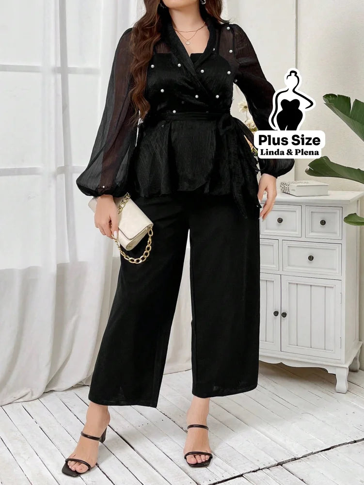 Conjunto Tule Poá Transpassado Com Calça Pantalona Plus Size G Conjunto Tule Poá Transpassado Com Calça Pantalona Plus