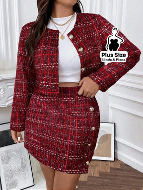Conjunto Tweed Com Botões E Saia Curta Elegante Plus Size Conjunto Tweed Com Botões E Saia Curta Elegante Plus Size