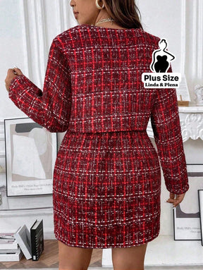 Conjunto Tweed Com Botões E Saia Curta Elegante Plus Size Conjunto Tweed Com Botões E Saia Curta Elegante Plus Size