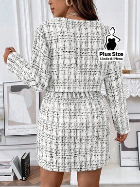 Conjunto Tweed Com Botões E Saia Curta Elegante Plus Size Conjunto Tweed Com Botões E Saia Curta Elegante Plus Size