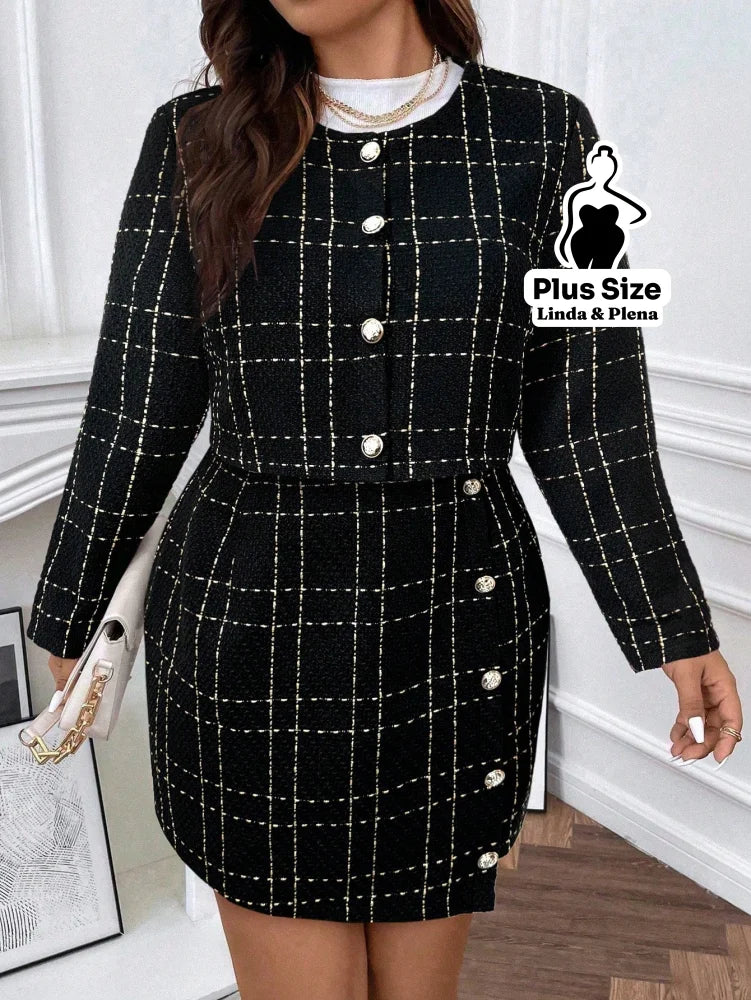 Conjunto Tweed Com Botões E Saia Curta Elegante Plus Size Preto / G Conjunto Tweed Com Botões E Saia Curta Elegante