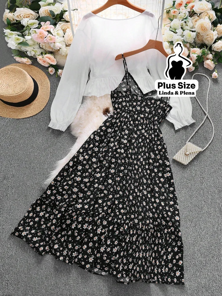 Conjunto Vestido Alça Fina Babados Saída Manga Longa Plus Size Conjunto Vestido Alça Fina Babados Saída Manga Longa