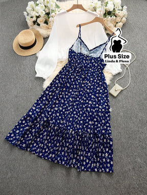 Conjunto Vestido Alça Fina Babados Saída Manga Longa Plus Size Conjunto Vestido Alça Fina Babados Saída Manga Longa