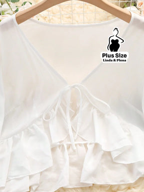 Conjunto Vestido Alça Fina Babados Saída Manga Longa Plus Size Conjunto Vestido Alça Fina Babados Saída Manga Longa