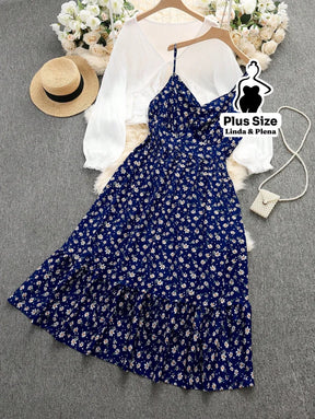Conjunto Vestido Alça Fina Babados Saída Manga Longa Plus Size Azul / G Conjunto Vestido Alça Fina Babados Saída Manga