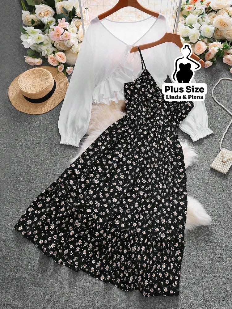 Conjunto Vestido Alça Fina Babados Saída Manga Longa Plus Size Preto / G Conjunto Vestido Alça Fina Babados Saída Manga