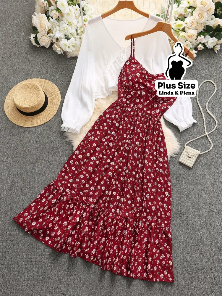 Conjunto Vestido Alça Fina Babados Saída Manga Longa Plus Size Vermelho / G Conjunto Vestido Alça Fina Babados Saída