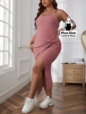 Conjunto Vestido Canelado Com Fenda E Cardigan Plus Size Conjunto Vestido Canelado Com Fenda E Cardigan Plus Size