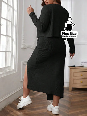 Conjunto Vestido Canelado Com Fenda E Cardigan Plus Size Conjunto Vestido Canelado Com Fenda E Cardigan Plus Size