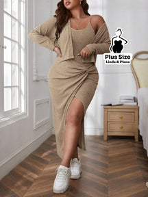 Conjunto Vestido Canelado Com Fenda E Cardigan Plus Size Caqui / G Conjunto Vestido Canelado Com Fenda E Cardigan Plus