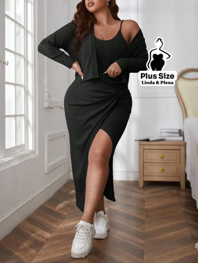 Conjunto Vestido Canelado Com Fenda E Cardigan Plus Size Preto / G Conjunto Vestido Canelado Com Fenda E Cardigan Plus