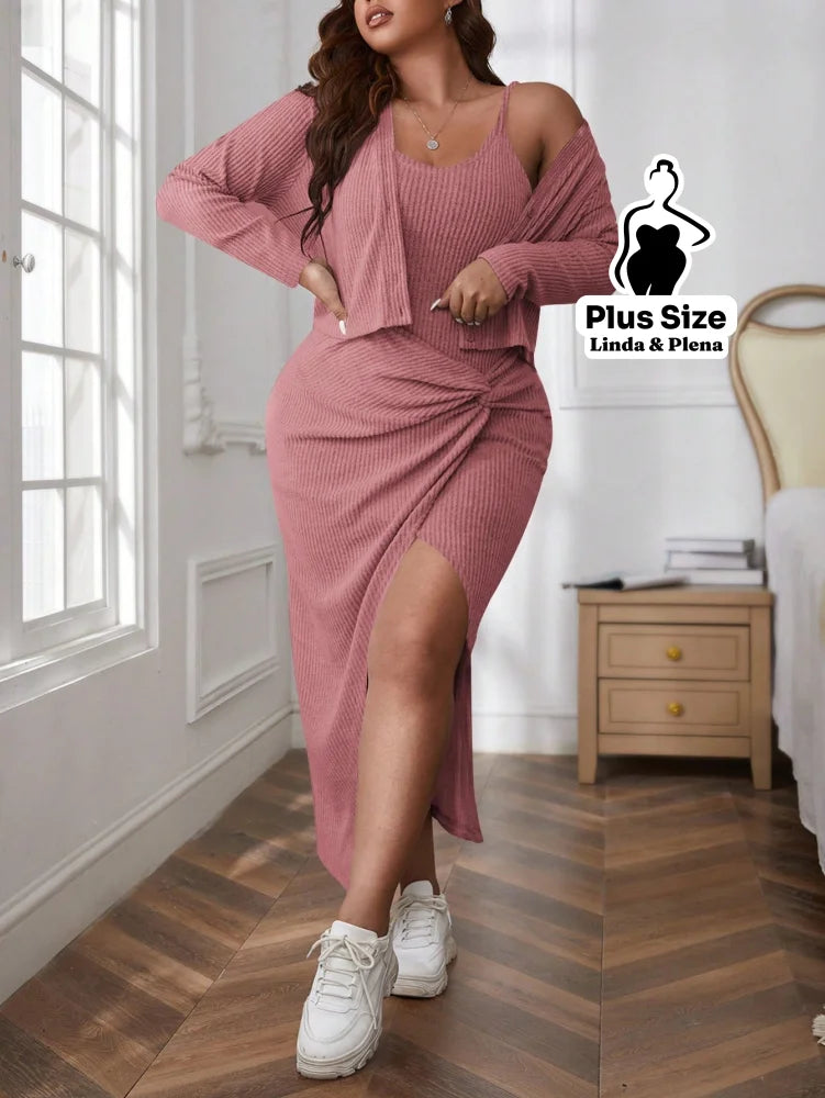 Conjunto Vestido Canelado Com Fenda E Cardigan Plus Size Rosa Empoeirado / G Conjunto Vestido Canelado Com Fenda E