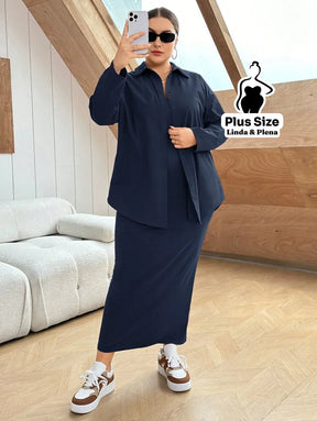 Conjunto Vestido Canelado Longo Com Camisa Lisa Plus Size Conjunto Vestido Canelado Longo Com Camisa Lisa Plus Size
