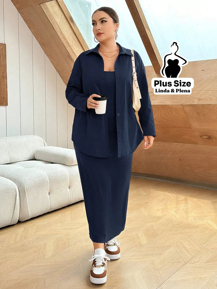 Conjunto Vestido Canelado Longo Com Camisa Lisa Plus Size Azul Marinho / G Conjunto Vestido Canelado Longo Com Camisa
