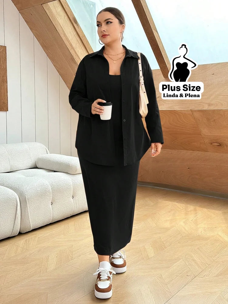 Conjunto Vestido Canelado Longo Com Camisa Lisa Plus Size Preto / G Conjunto Vestido Canelado Longo Com Camisa Lisa